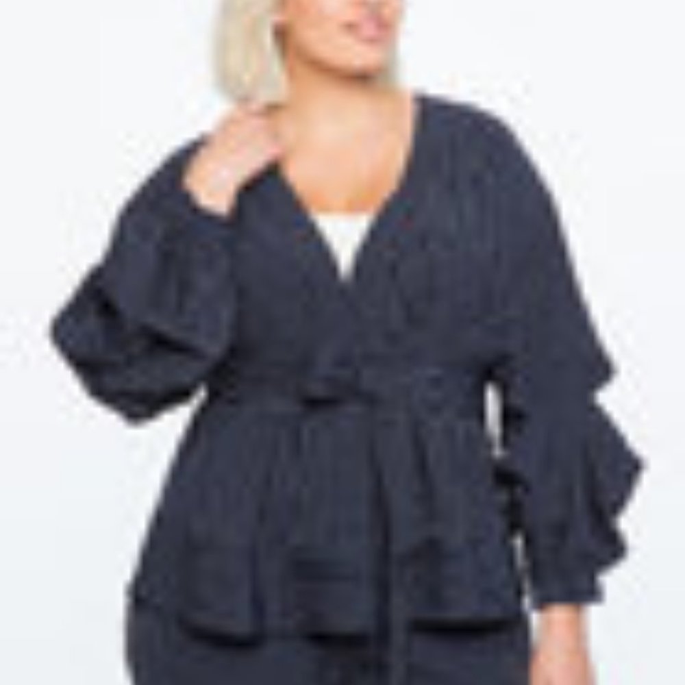 PUFFED SLEEVE PIN STRIPPED PANT SUIT